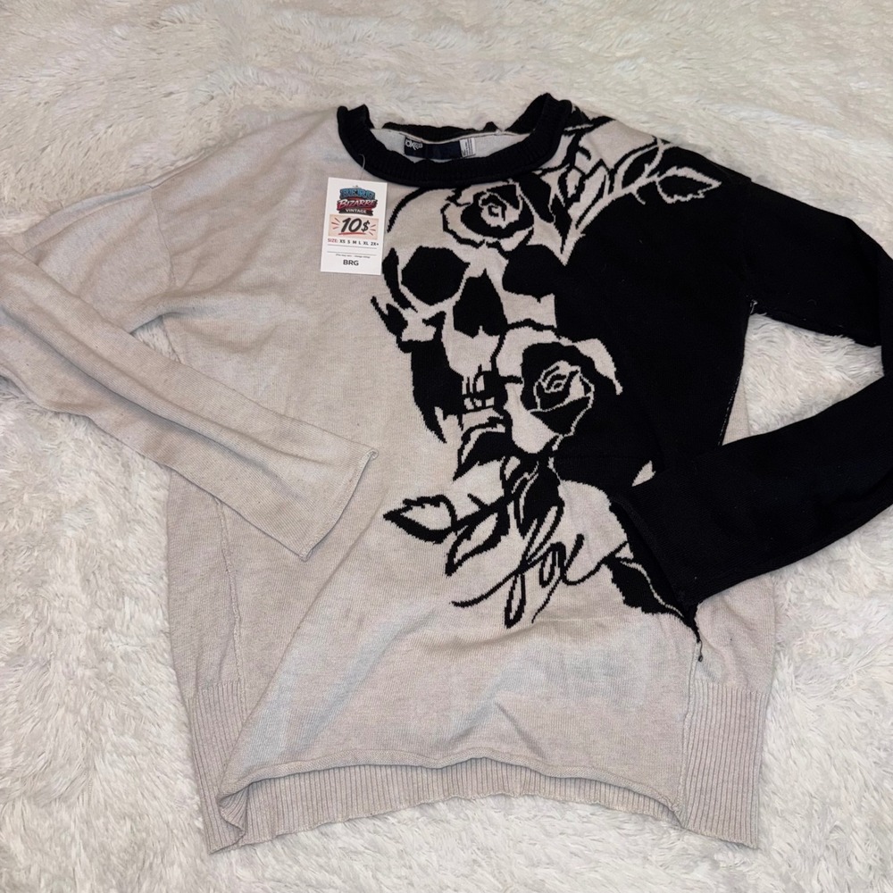 Fox Racing Skull Rose Sweater Mens Medium Cream Black Excellent Graphic Knit